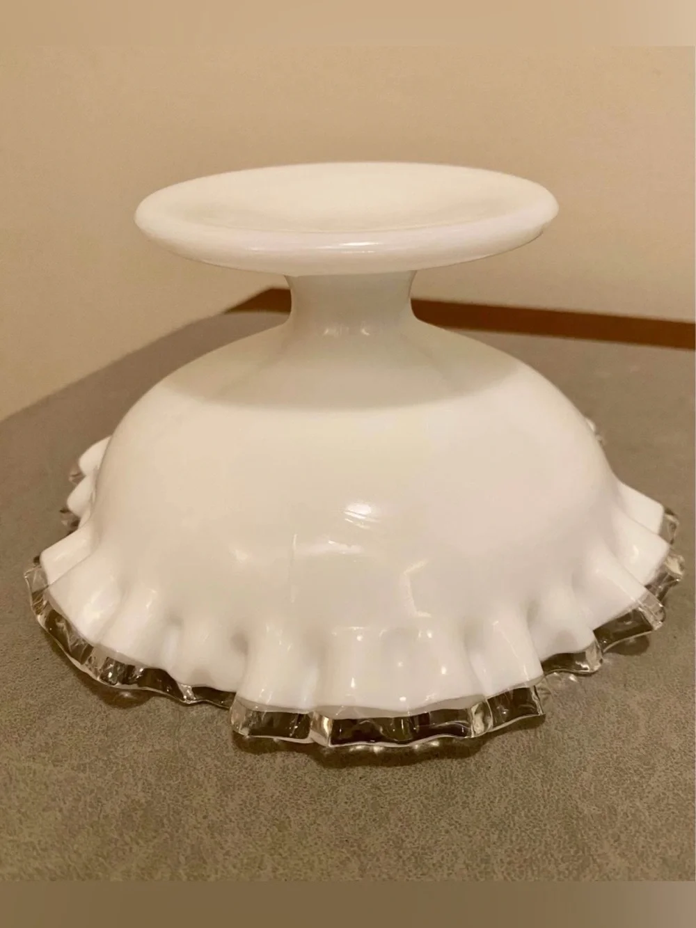 Vintage Fenton White Glass Silver Crest Ruffled Edge Pedestal Compote Bowl